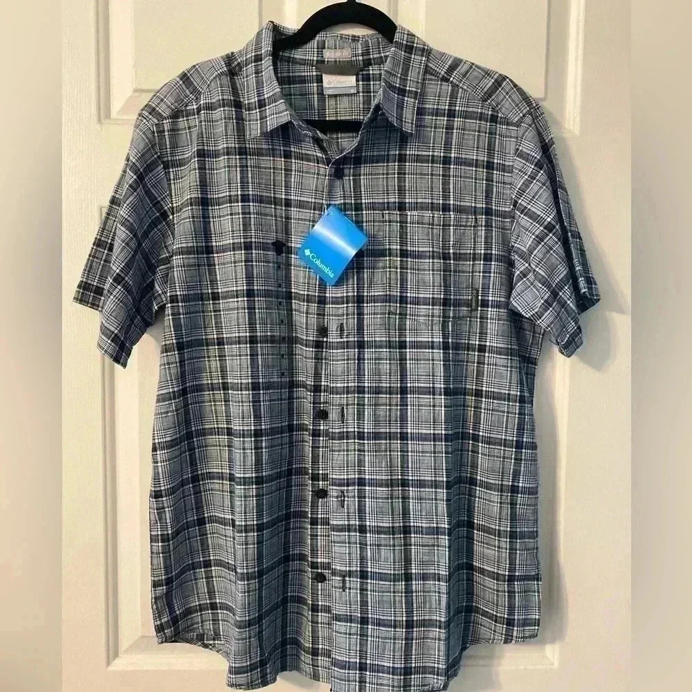 Columbia Mens blue green‎ plaid short sleeve button down cotton shirt Size M